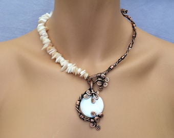 boho wedding necklace, bridal necklace, bridal jewelry, wedding jewelry for brides, bridal statement necklace, mother of pearl necklace