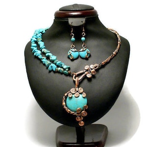 Turquoise Necklace & Earrings, Turquoise Jewelry, Unique Necklace For Women, Copper Necklace, Turquoise Choker, Wire Wrapped Jewelry