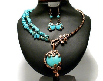 Turquoise Necklace & Earrings, Turquoise Jewelry, Unique Necklace For Women, Copper Necklace, Turquoise Choker, Wire Wrapped Jewelry