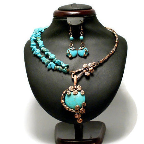 Turquoise Necklace & Earrings, Turquoise Jewelry, Unique Necklace For Women, Copper Necklace, Turquoise Choker, Wire Wrapped Jewelry