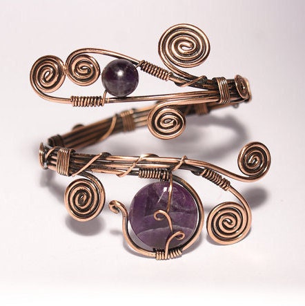 Amethyst Copper Bracelet - Electroformed Amethyst Bracelet - Adjustable Copper Charm Bracelet