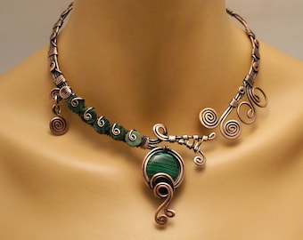 Statement Malachite Necklace, Open necklace, Copper Necklace For Women, Green Stone Necklace, Copper Jewelry, Malachite Choker Necklace