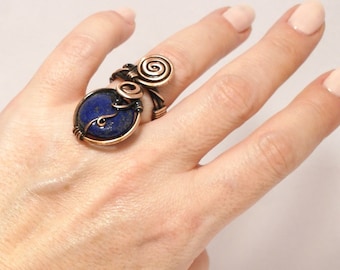 Handmade Copper Lapis Lazuli Ring, Adjustable Wire Wrapped Design