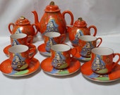 Satsuma Moriage Orange Teapot Cream and Sugar Plus 6 Cups and Saucer Set