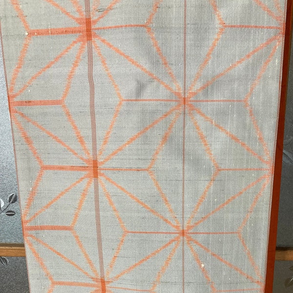 Tsumugi Obi Grey and Orange Traditional Pattern Silk Silk Silk Upcycle
