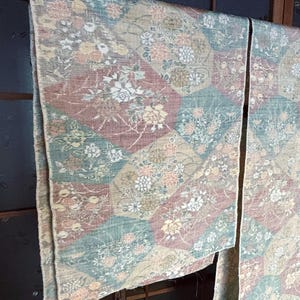 Dismantled Kimono Fabric Tsumugi Silk and Linen Floral Yellow and Greens