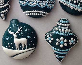 Christmas gingerbread ornaments , Icing decorated Cookies on blue background(6 pieces)