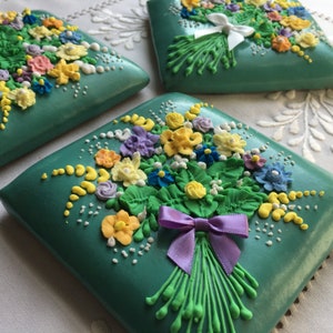 Bouquet of Spring Flowers Decorated Gingerbread Big Size Square Cookies image 1