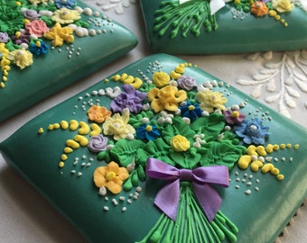 Bouquet of Spring Flowers - Decorated Gingerbread Big Size Square Cookies