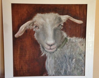 Farmhouse Style  Goat Portrait  Original Oil painting on Wooden Board-Framed-Square, large size