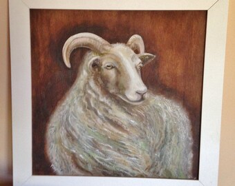 Farmhouse Style Sheep Portrait Original Oil painting on Wooden Board-Framed-Square, large size