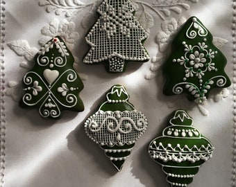 Hungarian Christmas gingerbread ornaments , Icing decorated Cookies on green background(6 pieces)
