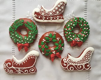 Handmade Christmas  Sleigh and Wreath- Decorated gingerbread cookies