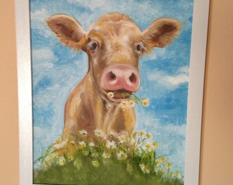 Farmhouse Style Animal Portrait   (cattle) Original Oil Painting on Canvas- Framed