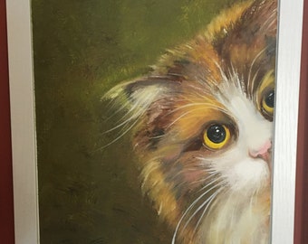 Peekaboo! Cute Cat  Portrait Original Oil Painting on Canvas Panel