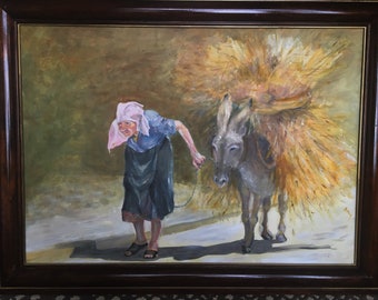 Auntie With Donkey     Original painting -  (Oil on board)