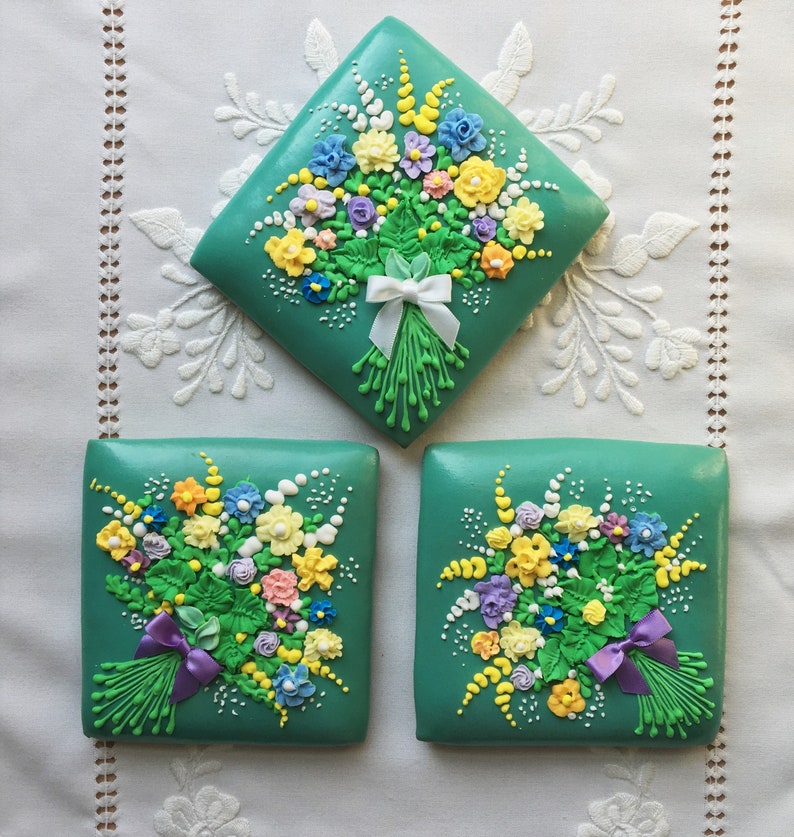 Bouquet of Spring Flowers Decorated Gingerbread Big Size Square Cookies image 6