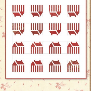 May include: A quilt pattern called "Zip Code" by Minick & Simpson. The pattern features a grid of 12 red and white houses. The quilt is 74 1/2 inches by 74 1/2 inches. The pattern number is MS1401.