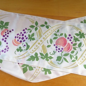 Hand painted stenciled off white silk scarf oblong signed Jo Steinhurst peaches grapes leaves