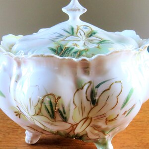 Antique Narcissus Footed Bowl: Hand Painted Gold Trim Candy Dish