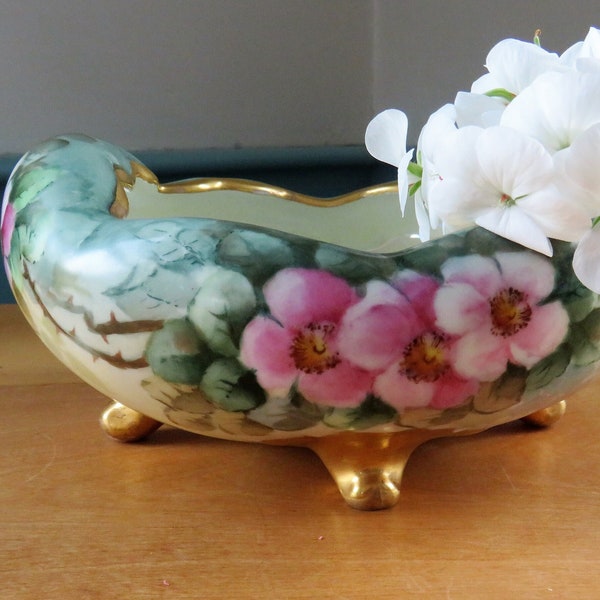 Hand Painted Wild Roses footed flower bowl teal pink green - lusterware interior rolled scalloped edge - unique - art nouveau - Rosenthal?