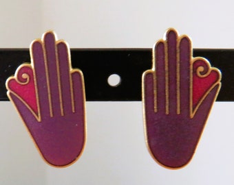 Laurel Burch PRAYER (Hands) Stud Earrings, Purple with Pink Hearts, 1"