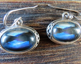 BARSE Sterling Oval Dangles with Mountain Lake Scene, Shades of Blue