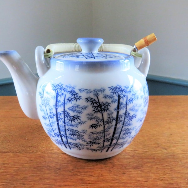 White Blue Teapot, Bamboo pattern, Plastic Wrapped Handle