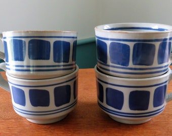 SET of 4 Stoneware MCM Blue & Gray 10 Ounce Cups/ Mugs, Casually Elegant