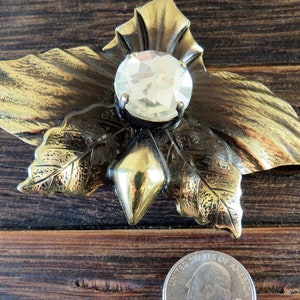 Gold Tone Ombre Black Maple Leaf Brooch with Large Rhinestone