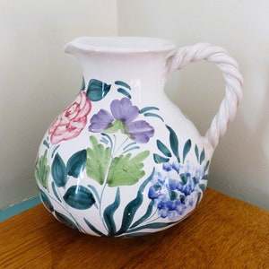 Hand Painted Italian Pottery Pitcher, Mesa International Purple Blue Pink Green Flowers, 44 ounces