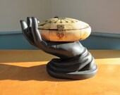 Hand carved oval camel bone hinged lid trinket box etched elephant and inlaid brass starburst - beige warm yellow brown brass 6 quot x 3 quot domed