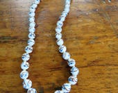 Asian porcelain bead necklace - hand knotted hand painted beaded necklace in blue white and BROWN filigree clasp unusual and pretty