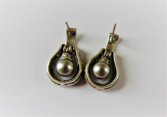 Sterling Marcasite Faux(?) Gray Pearl Stud Dangle… - image 1