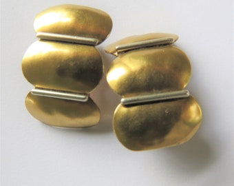 Marjorie Baer MB SF Mixed Metal Vintage Clip On Earrings -Brass, Silver Tone, Convex Curved