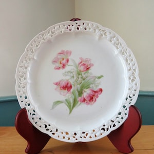 Antique 8 1/2&quot; Pink Tulips Lily of the Valley Porcelain Plate - Raised Pattern Embossed Cut Out Scalloped Edge