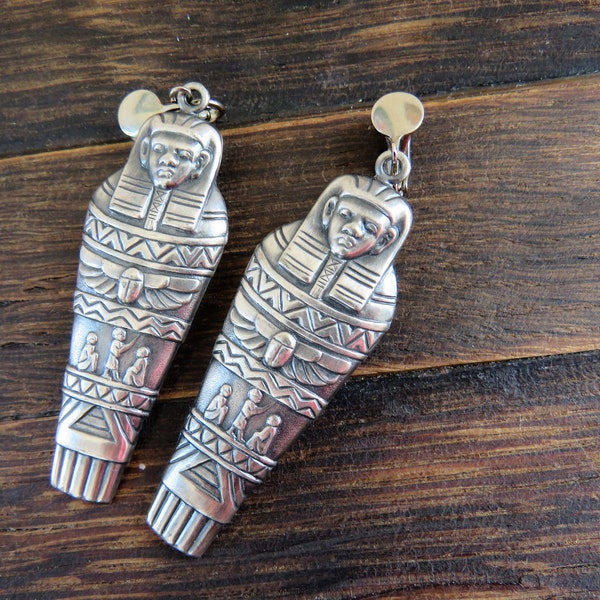 LARGE Egyptian Mummy Sarcophagus Clip ons Shiny Pewter silver tone gray color. 2 7/8" long!