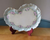 Limoges Porcelain Hand Painted Pink Roses Victorian Porcelain Tray Embossed Gilded Kidney Shaped One Cut Out Handle Scalloped