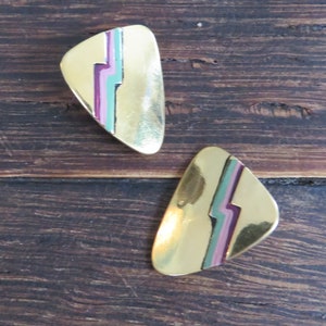 Laurel Burch Triangular Geometric Abstract Gold Tone Clip On Earrings - Slightly Convex - Graceful Mid Century Modern - Teal Pink Burgundy