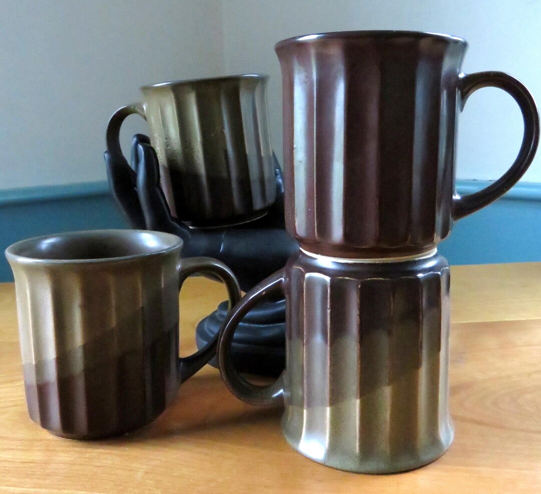 Brown Stoneware Ribbed Mid-century Mugs - Set of 4 - Etsy