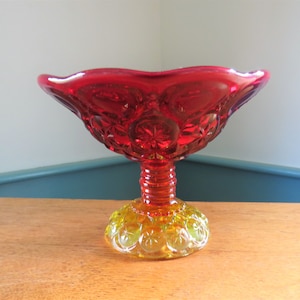 Amberina MOON & STARS Compote, Candy Dish, Yellow-Amber to Ruby Red Color, 6 3/4&quot;, Ribbed Stem