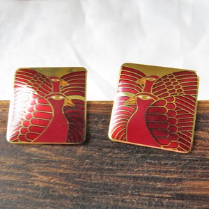 Laurel Burch MOONDOVES 7/8&quot; Square Stud Earrings - Red Orange White - Elegant, Regal