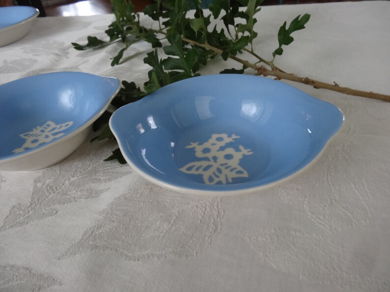 2 Harker Pottery Cameoware Dainty Flowers Pattern blue cereal soup bowls with tab handles excellent condition