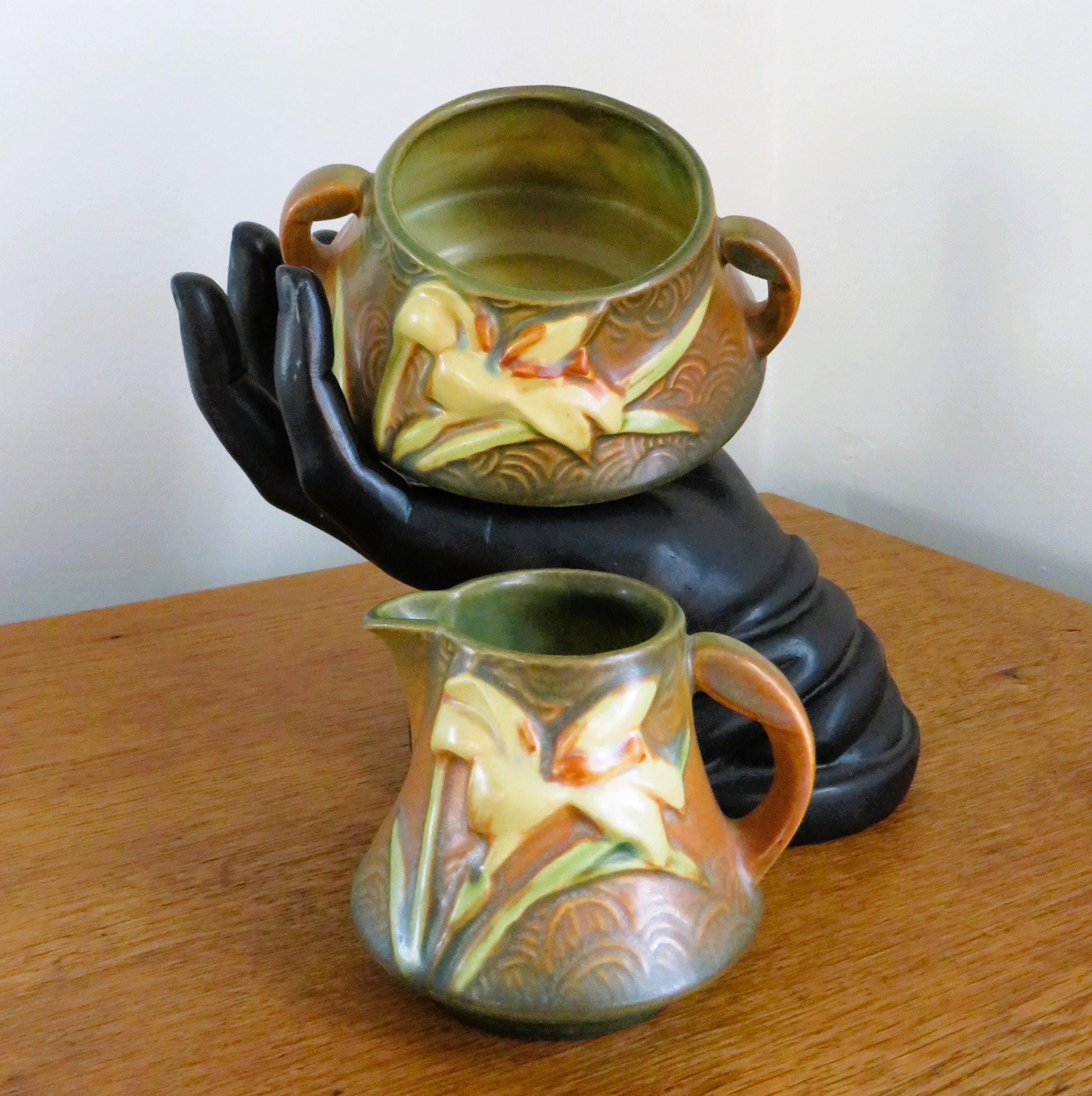 Roseville ZEPHYR LILY Pottery Sugar and Creamer Set, Warm Earth