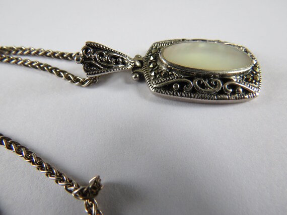 Sterling Marcasite Mother of Pearl oval pendant I… - image 5