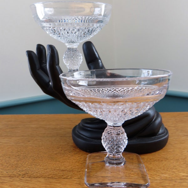 SET of 2 Clear Pressed Glass Champagnes, Sherbets, Cubist or Cross Hatch Pattern Pressed Glass, Square Base, Circa 1940s