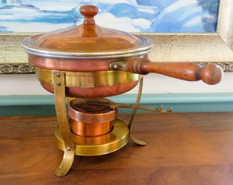 CHAFING DISH - Copper Brass, Aluminum Wood with Warming Stand - 6 pieces