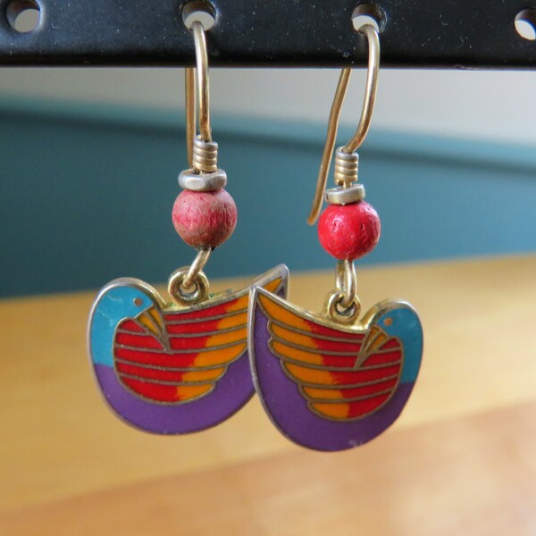 Laurel Burch Colorful Dove Earrings Small Birds on Long Dangle