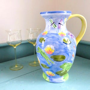 Hand Painted FROG POND SCENE Pottery Pitcher, Mesa International