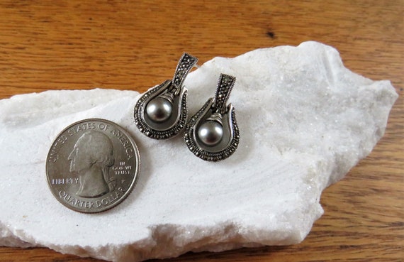 Sterling Marcasite Faux(?) Gray Pearl Stud Dangle… - image 4